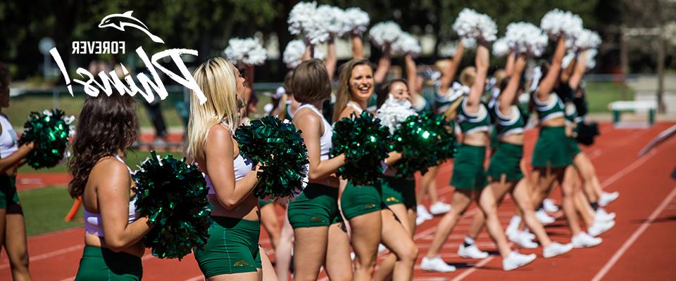 Photo of cheerleaders dressed in JU's green colors.